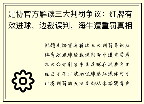 足协官方解读三大判罚争议：红牌有效进球，边裁误判，海牛遭重罚真相大公开