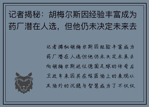 记者揭秘：胡梅尔斯因经验丰富成为药厂潜在人选，但他仍未决定未来去向