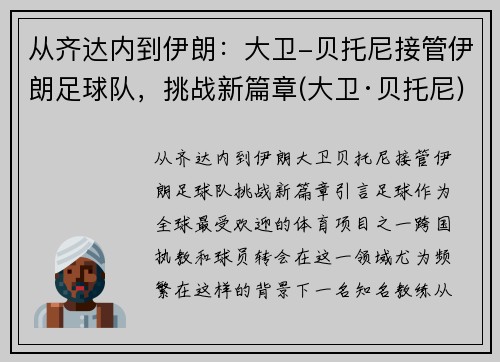 从齐达内到伊朗：大卫-贝托尼接管伊朗足球队，挑战新篇章(大卫·贝托尼)